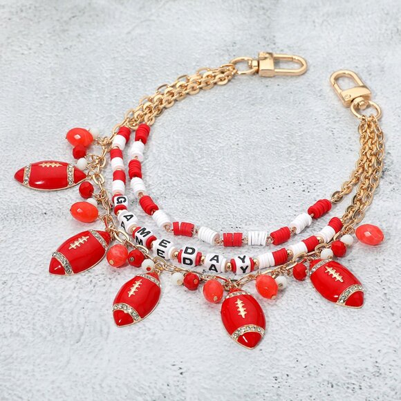 NEW Football Charm RED WHITE GAME DAY Hand Beaded Layered Bag Handbag Gold Chain - Picture 3 of 3